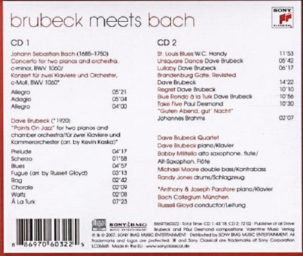 The Dave Brubeck Quartet Featuring Bach-Collegium München, Anthony Und Joseph Paratore, Russell Gloyd : Brubeck Meets Bach (2xCD, RE)