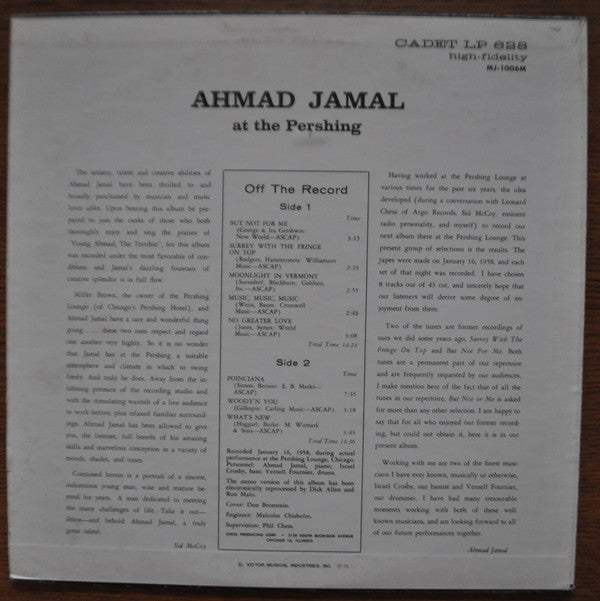 Ahmad Jamal Trio : Ahmad Jamal At The Pershing (LP, Album, Mono, RE)