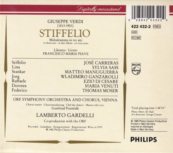 Giuseppe Verdi - José Carreras, Sylvia Sass, Matteo Manuguerra, Wladimiro Ganzarolli, ORF Symphonieorchester And ORF-Chor, Lamberto Gardelli : Stiffelio (2xCD, Album, RE, RM + Box, Sli)