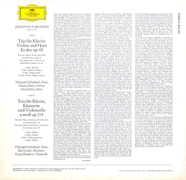 Johannes Brahms - Christoph Eschenbach ∙ Gerd Seifert ∙ Karl Leister ∙ Eduard Drolc ∙ Georg Donderer : Horntrio Op.40 • Klarinettentrio Op.114 (LP, RP)