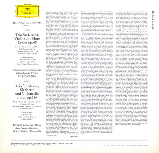 Johannes Brahms - Christoph Eschenbach ∙ Gerd Seifert ∙ Karl Leister ∙ Eduard Drolc ∙ Georg Donderer : Horntrio Op.40 • Klarinettentrio Op.114 (LP, RP)