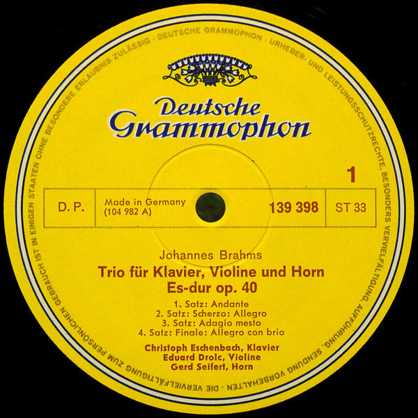 Johannes Brahms - Christoph Eschenbach ∙ Gerd Seifert ∙ Karl Leister ∙ Eduard Drolc ∙ Georg Donderer : Horntrio Op.40 • Klarinettentrio Op.114 (LP, RP)