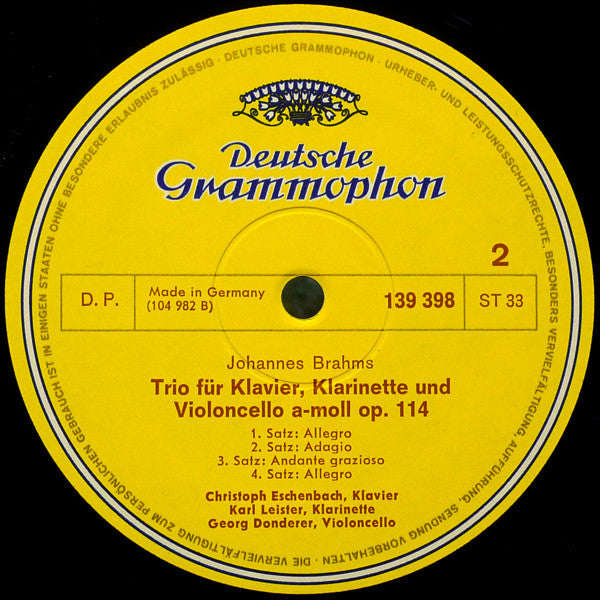Johannes Brahms - Christoph Eschenbach ∙ Gerd Seifert ∙ Karl Leister ∙ Eduard Drolc ∙ Georg Donderer : Horntrio Op.40 • Klarinettentrio Op.114 (LP, RP)
