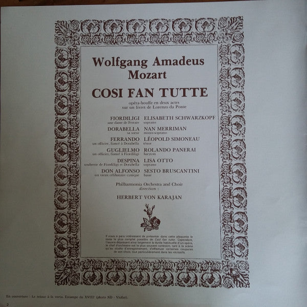 Wolfgang Amadeus Mozart - Elisabeth Schwarzkopf, Nan Merriman, Leopold Simoneau, Rolando Panerai, Lisa Otto, Sesto Bruscantini, Philharmonia Orchestra And Philharmonia Chorus, Herbert Von Karajan : Cosi Fan Tutte (3xLP, Mono, RE + Box)