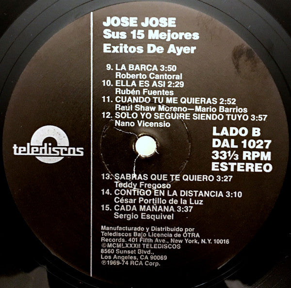 José José : Sus 15 Mejores Éxitos De Ayer (LP, Comp)