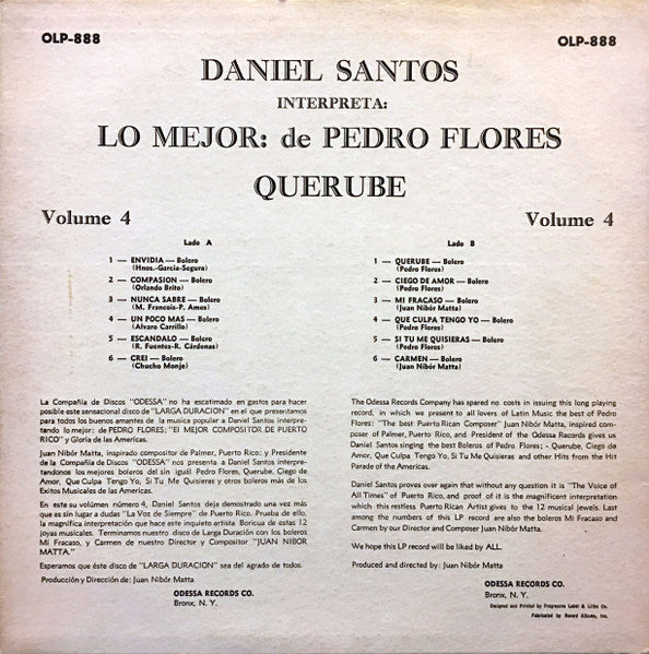 Daniel Santos : Interpreta: Lo Mejor: de Pedro Flores Volume 4 (LP, Album)