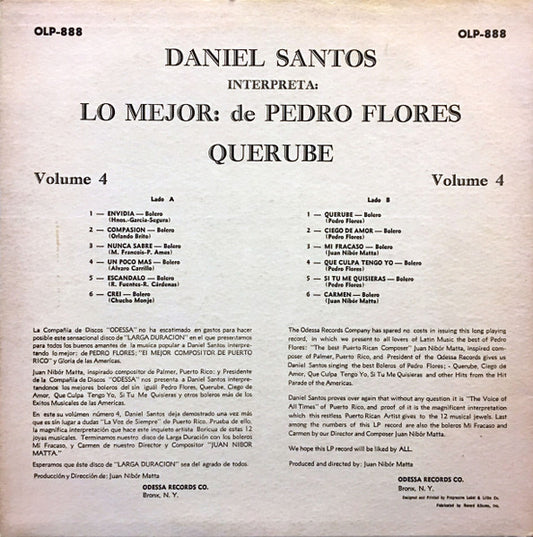 Daniel Santos - Interpreta: Lo Mejor: de Pedro Flores Volume 4 vinyl record, LP (Near Mint (NM or M-)) | Lulo Records
