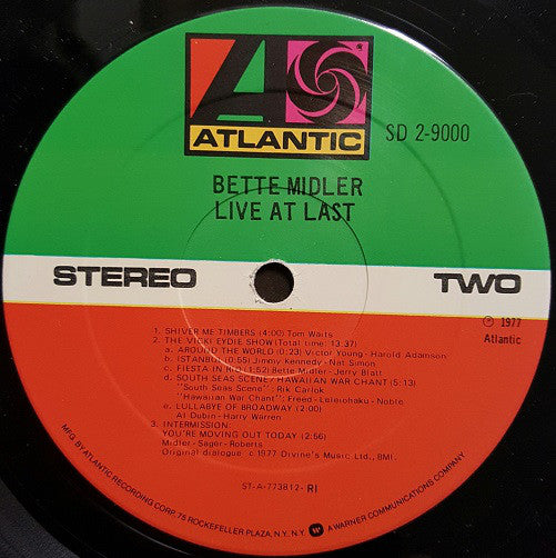 Bette Midler : Live At Last (2xLP, Album, PRC)