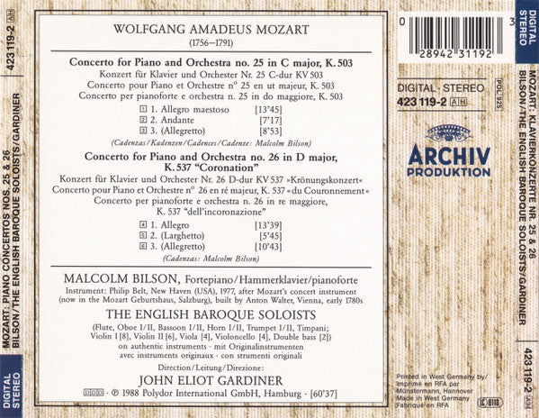 Wolfgang Amadeus Mozart, Malcolm Bilson, The English Baroque Soloists, John Eliot Gardiner : Piano Concertos Nos. 25 & 26 (CD, Album)