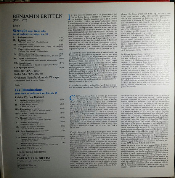 Benjamin Britten - Robert Tear · Dale Clevenger, Chicago Symphony Orchestra · Philharmonia Orchestra, Carlo Maria Giulini : Sérénade Pour Ténor, Cor Et Cordes / Les Illuminations (LP, Album, Comp)