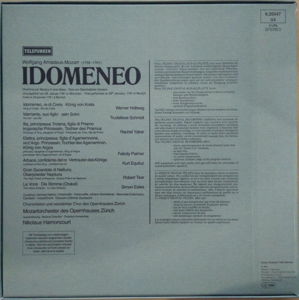 Wolfgang Amadeus Mozart, Werner Hollweg, Trudeliese Schmidt, Rachel Yakar, Felicity Palmer, Kurt Equiluz, Robert Tear, Simon Estes, Mozartorchester Des Opernhauses Zürich & Chor der Oper Zürich, Nikolaus Harnoncourt : Idomeneo (4xLP, Blu + Box)