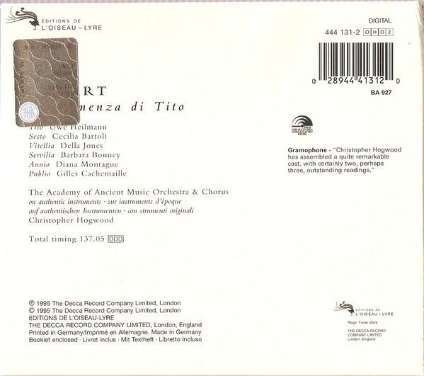 Wolfgang Amadeus Mozart, Cecilia Bartoli • Uwe Heilmann • Della Jones • Diana Montague • Gilles Cachemaille • Barbara Bonney • The Academy Of Ancient Music • Christopher Hogwood : La Clemenza Di Tito (2xCD, Album, RE + Box)