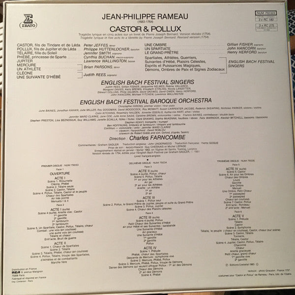Jean-Philippe Rameau - Jennifer Smith (3), Cynthia Buchan, Peter Jeffes, Philippe Huttenlocher, Lawrence Wallington, English Bach Festival Baroque Orchestra, Charles Farncombe : Castor Et Pollux (3xLP)