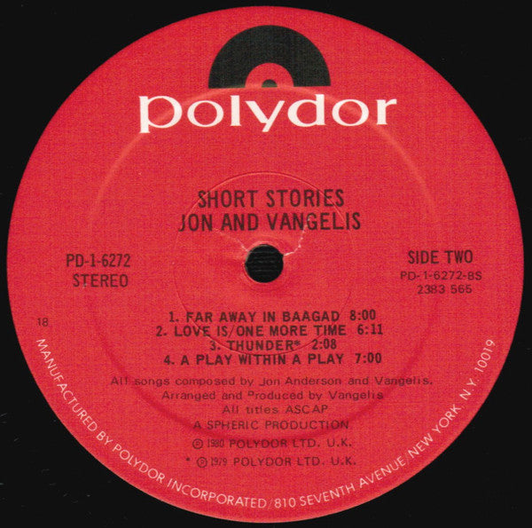 Jon & Vangelis : Short Stories (LP, Album, 18,)