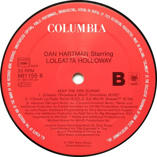 Dan Hartman Starring Loleatta Holloway : Keep The Fire Burnin' (12")
