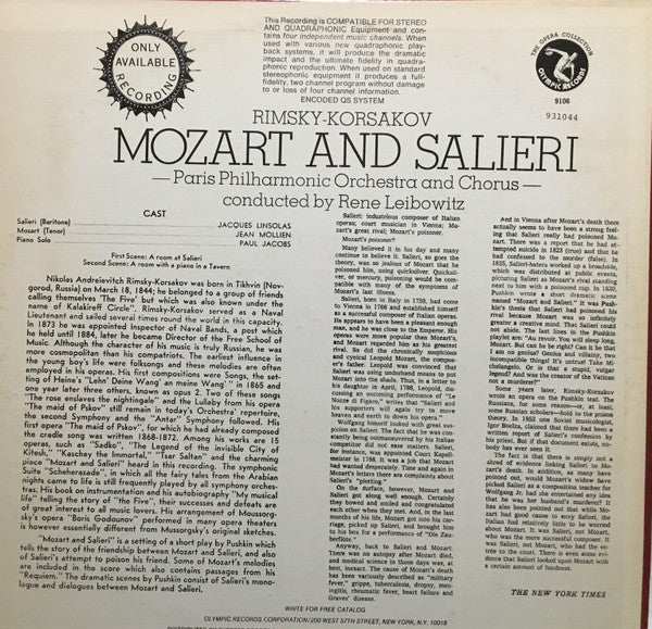 Nikolai Rimsky-Korsakov, Jacques Linsolas, Jean Mollien, Paul Jacobs (3), Orchestre Philharmonique De Paris (2) And Chœur Philharmonique De Paris Conducted By René Leibowitz : Mozart And Salieri (LP, Album, Quad)