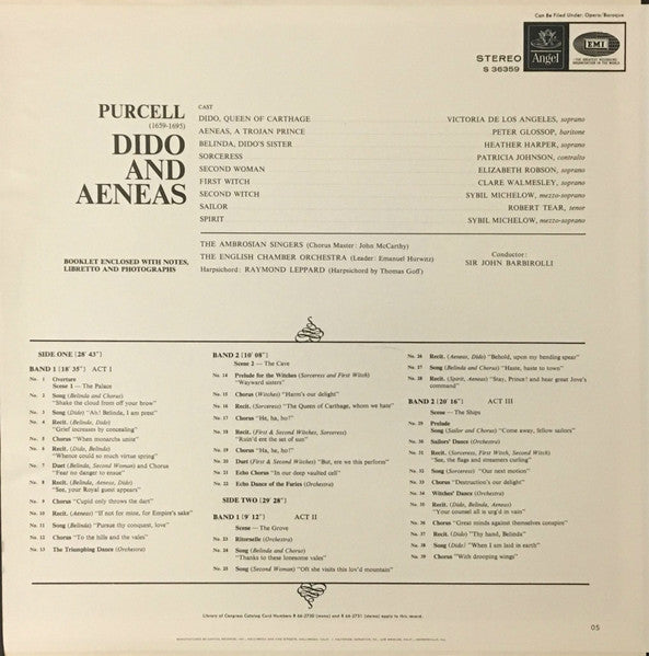 Henry Purcell : Victoria De Los Angeles, Peter Glossop, Heather Harper, Patricia Johnson (3), Elizabeth Robson, Clare Walmesley, Sybil Michelow, Robert Tear, The Ambrosian Singers, English Chamber Orchestra, Raymond Leppard, Sir John Barbirolli : Dido And Aeneas (LP, Album, RE)