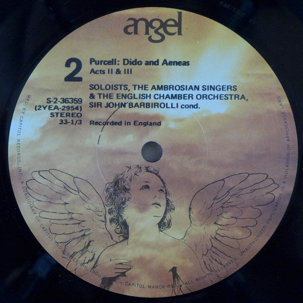 Henry Purcell : Victoria De Los Angeles, Peter Glossop, Heather Harper, Patricia Johnson (3), Elizabeth Robson, Clare Walmesley, Sybil Michelow, Robert Tear, The Ambrosian Singers, English Chamber Orchestra, Raymond Leppard, Sir John Barbirolli : Dido And Aeneas (LP, Album, RE)