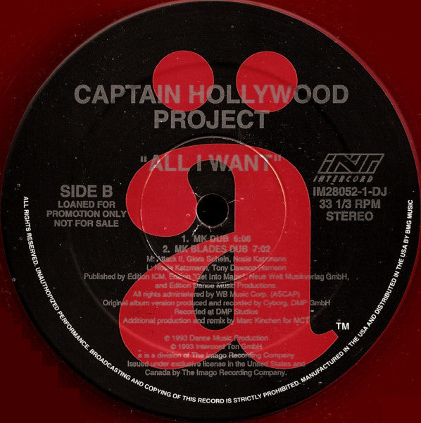 Captain Hollywood Project : All I Want (12", Promo, Red)