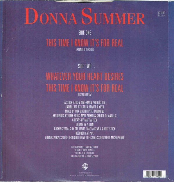 Donna Summer : This Time I Know It's For Real (12", Single, CBS)