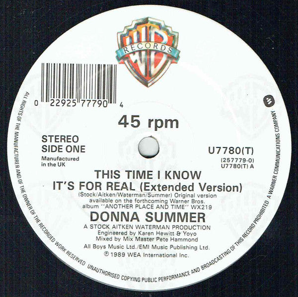 Donna Summer : This Time I Know It's For Real (12", Single, CBS)
