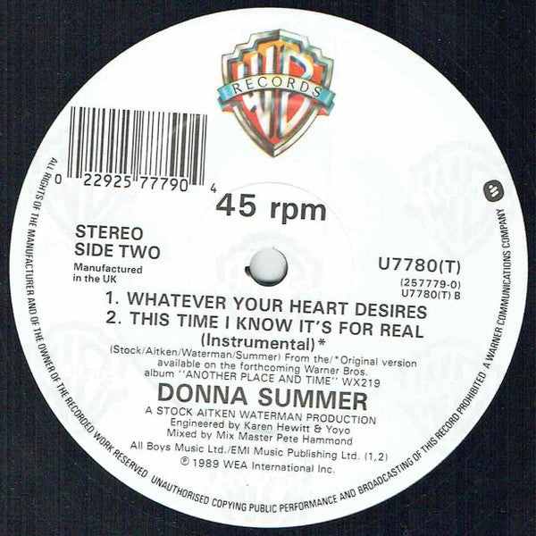 Donna Summer : This Time I Know It's For Real (12", Single, CBS)