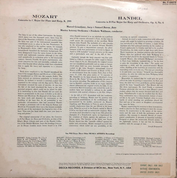 Wolfgang Amadeus Mozart, Georg Friedrich Händel - Marcel Grandjany : Mozart And Handel: Harp Concertos (LP, Album)