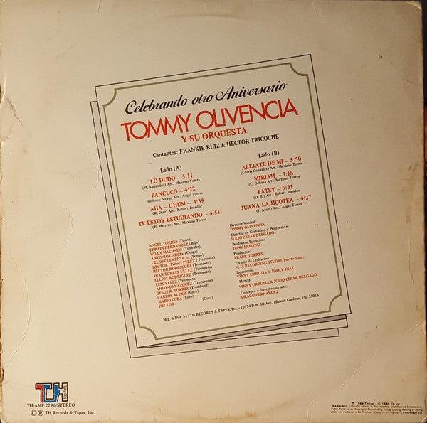 Tommy Olivencia Y Su Orquesta Cantantes: Frankie Ruiz & Hector Tricoche : Celebrando Otro Aniversario (LP, Album)