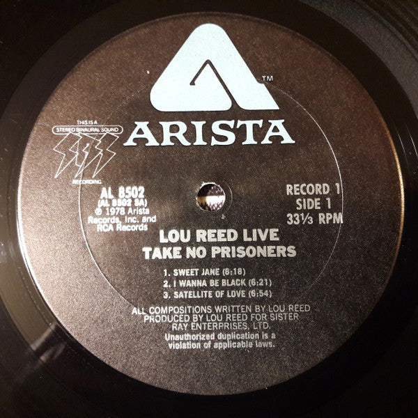 Lou Reed : Lou Reed Live - Take No Prisoners (2xLP, Album, Pit)