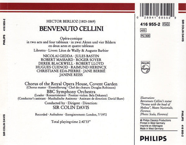 Hector Berlioz - Nicolai Gedda · Christiane Eda-Pierre · Jules Bastin · Jane Berbié · Roger Soyer · Robert Massard · Chorus Of The Royal Opera House, Covent Garden · BBC Symphony Orchestra · Sir Colin Davis : Benvenuto Cellini (3xCD, Album, RE, RM + Box, Sli)
