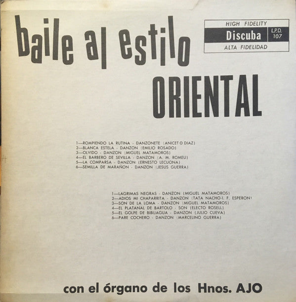Organo Hermanos Ajo : Baile Al Estilo Oriental (LP, Album, HIG)