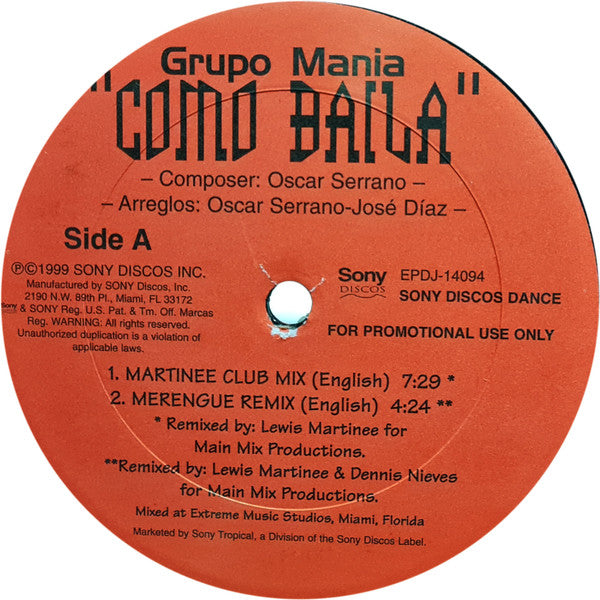 Grupo Manía : Como Baila (12", Single, Promo)