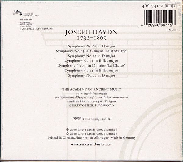 Joseph Haydn - The Academy Of Ancient Music, Christopher Hogwood : Symphonies C. 1779-1781 / 62 63 70 71 73 74 75 / Volume 10 (3xCD, Album + Box, Sli)