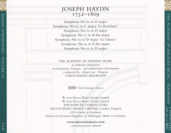 Joseph Haydn - The Academy Of Ancient Music, Christopher Hogwood : Symphonies C. 1779-1781 / 62 63 70 71 73 74 75 / Volume 10 (3xCD, Album + Box, Sli)