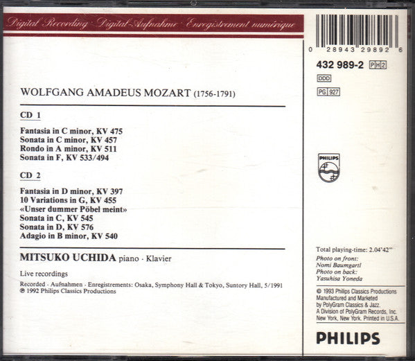 Wolfgang Amadeus Mozart, Mitsuko Uchida : Live In Concert - Piano Sonatas K. 457, K. 533/494, K. 545, K. 576 · Fantasias K. 475, K. 397 · Rondo, K. 511 · Adagio K. 540 · Pöbel Variations, K. 455 (2xCD, Album)