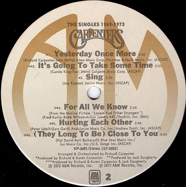 Carpenters : The Singles 1969-1973 (LP, Album, Comp, RE, Ind)