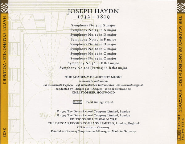 Joseph Haydn - The Academy Of Ancient Music, Christopher Hogwood : Symphonies C. 1760–63 / 3 14 15 17 19 20 25 33 36 108 / Volume 2 (3xCD, Album + Box, Sli)