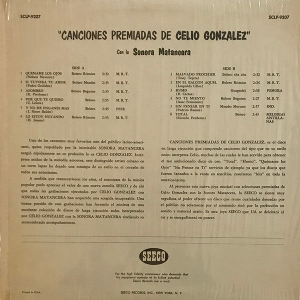 Celio Gonzalez* Con La Sonora Matancera : Canciones Premiadas De Celio Gonzalez Con La Sonora Matancera (LP, Album)