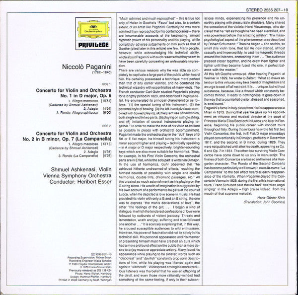 Niccolò Paganini Paganini / Shmuel Ashkenasi : Violin Concertos No. 1 & No. 2 "La Campanella" (LP)