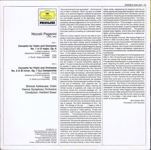 Niccolò Paganini Paganini / Shmuel Ashkenasi - Violin Concertos No. 1 & No. 2 "La Campanella" vinyl record, LP (Mint (M)) | Lulo Records