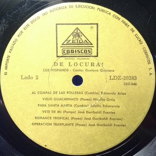 Los Hispanos Canta: Gustavo Quintero : De Locura (LP, Album, Mono)
