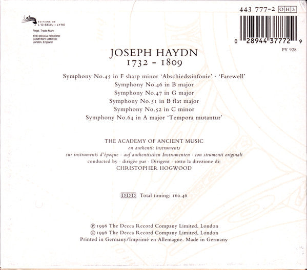 Joseph Haydn - The Academy Of Ancient Music, Christopher Hogwood : Symphonies C. 1772 / 45 46 47 51 52 64 / Volume 7 (3xCD, Album + Box, Sli)