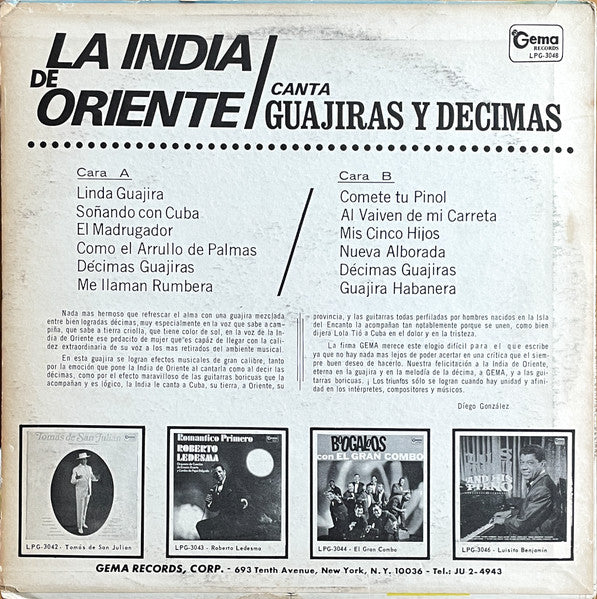 La India de Oriente : Canta Guajiras Y Decimas (LP, Album)