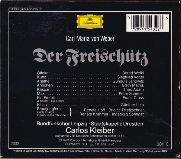 Carl Maria von Weber - Gundula Janowitz, Edith Mathis, Peter Schreier, Theo Adam, Staatskapelle Dresden, Carlos Kleiber : Der Freischütz (2xCD, Album, RE, RM + Box, Sli)