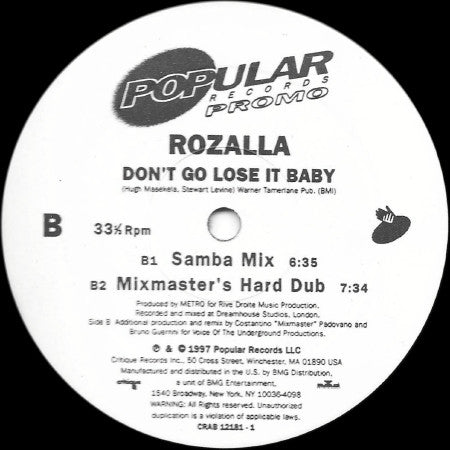 Rozalla : Don't Go Lose It Baby (12", Promo)