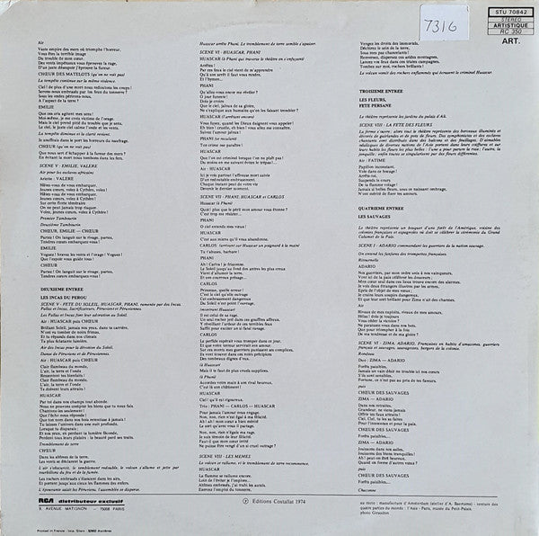 Jean-Philippe Rameau - Ensemble Vocal "A Coeur Joie" De Valence & Orchestre De Chambre Jean-François Paillard Dir. Jean-François Paillard : Les Indes Galantes (Sélection) (LP, Album, RE, Gat)