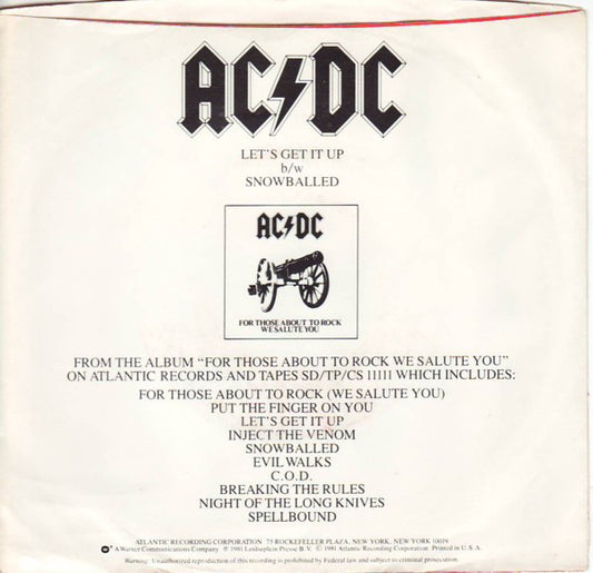 AC/DC : Let's Get It Up / Snowballed (7", Single, Spe)
