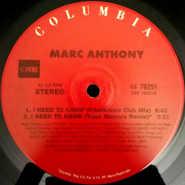 Marc Anthony : I Need To Know (The Remixes) (12")