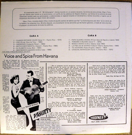 Olga Chorens & Tony Alvarez - 30 Aniversario vinyl record, LP (Near Mint (NM or M-)) | Lulo Records