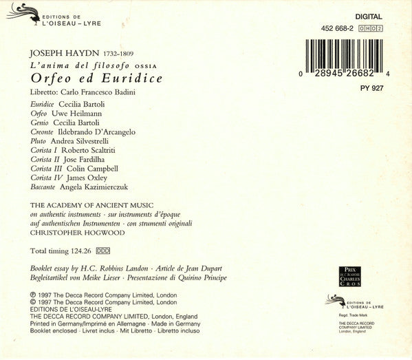 Joseph Haydn • Cecilia Bartoli • Uwe Heilmann • Ildebrando D'Arcangelo • The Academy Of Ancient Music And The Academy Of Ancient Music Chorus, Christopher Hogwood : L'amima Del Filosofo Ossia Orfeo Ed Euridice (2xCD, Album + Box)